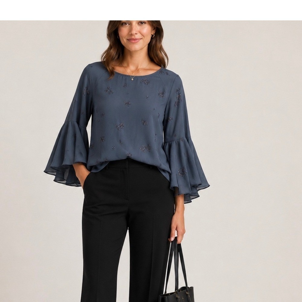 LC Lauren Conrad Womens Blue Bell Sleeve Back Slit Floral Blouse Office Medium